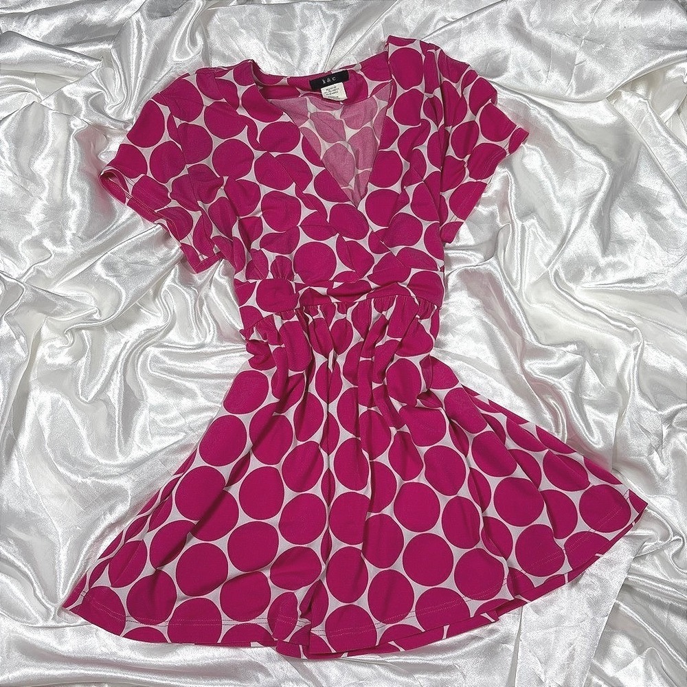 y2k Polka Dot Babydoll Top Pink Wrap V-Neck Short Sleeve Blouse K&C